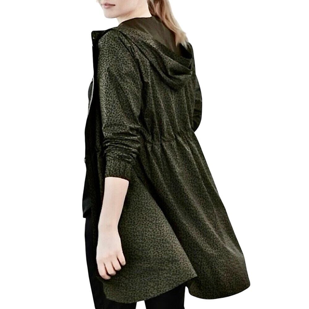 J. Jill Fit Olive Leopard Print Water Repellant Hooded Anorak Long Jacket Coat